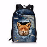 Fox Backpack College Student School Bags for Teenagers Denim Fox Printed Mochila