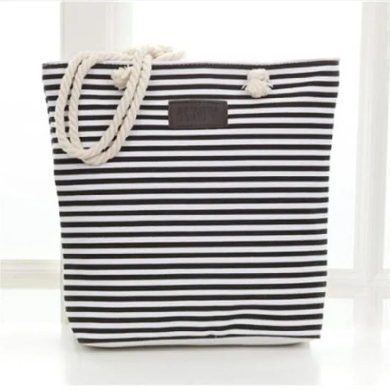 Striped Canvas Beach Tote Bag High Women Girls Shoulder Handbag
