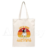 French Bulldog Canvas Shopping Bag Eco Handbag Tote Reusable Grocery Shopper
