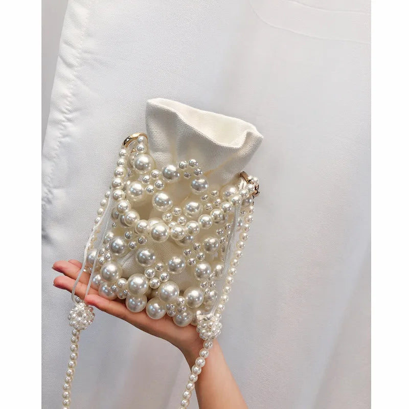 French Hand Woven Beaded Pearl Bucket Bag Hand Carried Messenger Bag