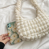 French Pleated Small Square Underarm Bag Women Casual Solid Zipper Handbag