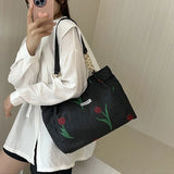 French Sweet Ladies Shoulder Bag Summer Tulip Flowers Tote Bag with Zipper