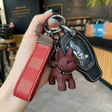 French Fighting Dog Horseshoe Buckle Car Keychain Leather Rope Key Chain