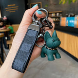 French Fighting Dog Horseshoe Buckle Car Keychain Leather Rope Key Chain