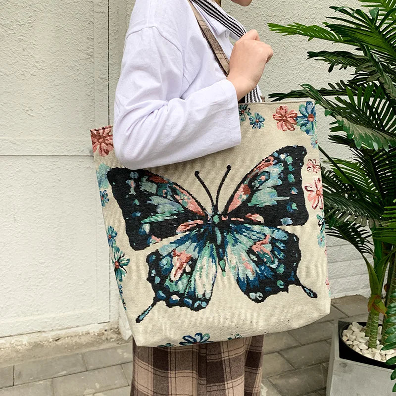 Butterfly Printed Tote Bag Women Linen Shoulder Bag Foldable Shopping Bag