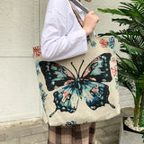 Butterfly Printed Tote Bag Women Linen Shoulder Bag Foldable Shopping Bag