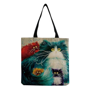 Cartoon Cat Print Tote Bag For Women Reusable Shoulder Bag