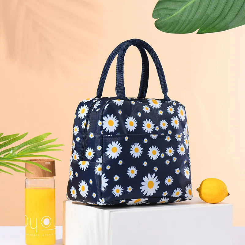 Daisy Pattern Lunch Box Bag Portable Zipper Waterproof Insulated Cooler Bag