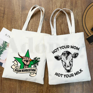 Vegan Cartoon Print Shopping Bags Girls Hand Bag