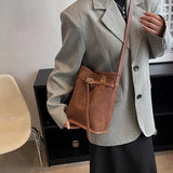 Frosted PU Leather Women's Bucket Bag Vintage Shoulder Handbag
