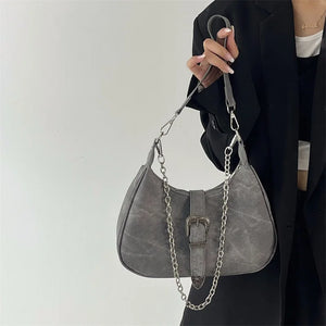 Vintage Solid Chain Zipper Armpit Bag Frosted Polyester Women's Shoulder Bag