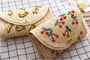 Cherry Banana Straw Beach Bag Embroidery Messenger Chain Shoulder Bag