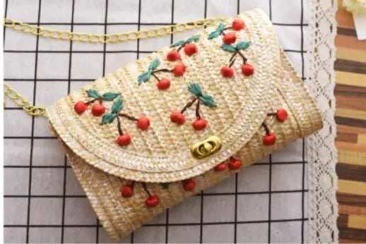 Cherry Banana Straw Beach Bag Embroidery Messenger Chain Shoulder Bag