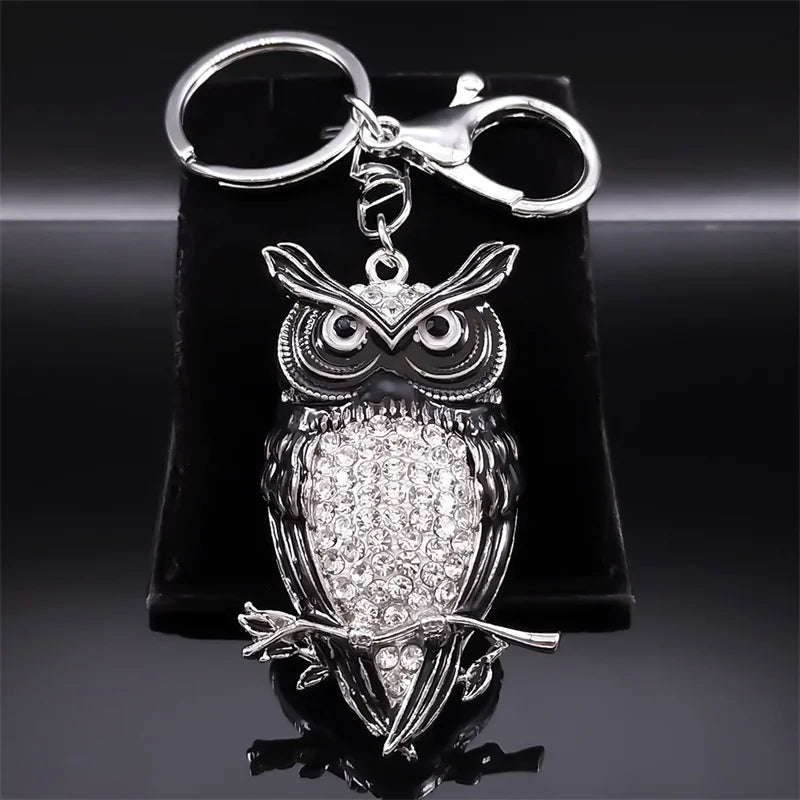 Rhinestone Owl Keychain Silver Animal Key Ring Jewelry Gift