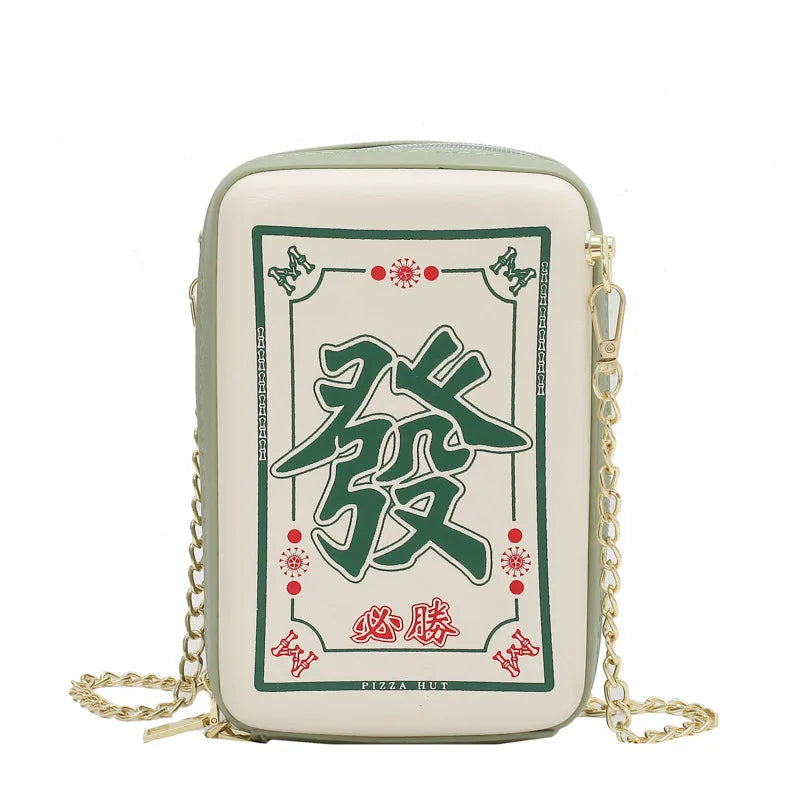 Funny Chinese Mahjong Rich Lucky Shoulder Bag PU Leather Crossbody Handbag Gift