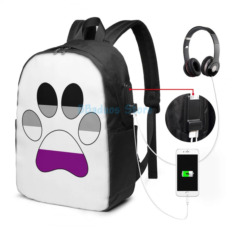 Asexual Paw Print USB Charge Backpack School Travel Laptop Bag