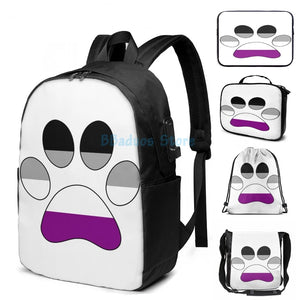 Asexual Paw Print USB Charge Backpack School Travel Laptop Bag