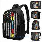 Autism Awareness Flag Puzzle Piece USB Charge Backpack