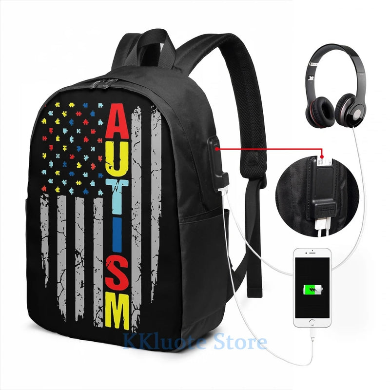 Autism Awareness Flag Puzzle Piece USB Charge Backpack