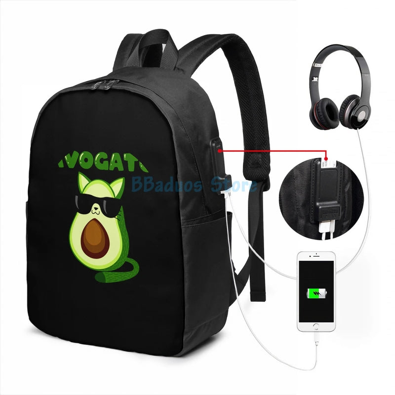 Avogato Funny Avocado Cat Lover USB Charge Backpack men Women Travel laptop bag