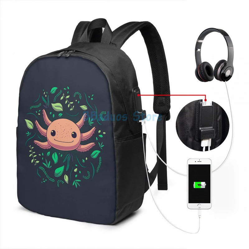 Funny Axolotl Print USB Charge Backpack for School and Travel