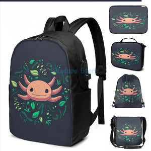 Funny Axolotl Print USB Charge Backpack for School and Travel