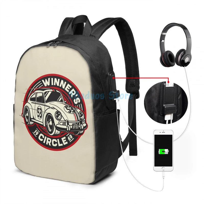 Funny Graphic Biker Herbie USB Charge Backpack School Travel Laptop Bag