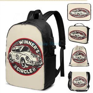 Funny Graphic Biker Herbie USB Charge Backpack School Travel Laptop Bag