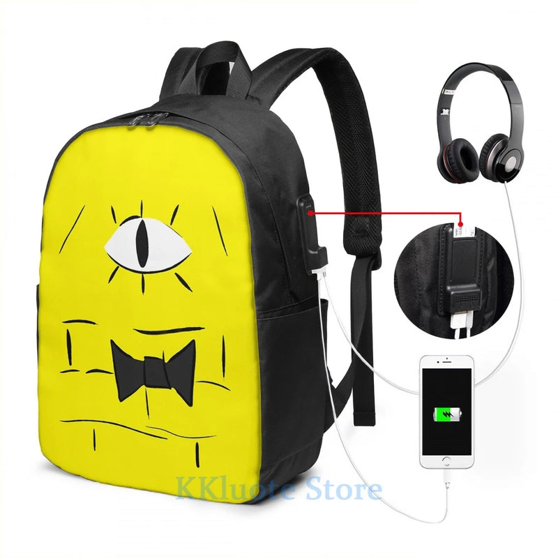 Funny Bill Cipher Close Up USB Charge Backpack School Bag Travel Laptop Bag