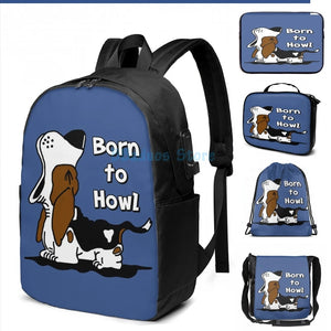 Born to Howl Basset Hound USB Charge Backpack School Travel Laptop Bag