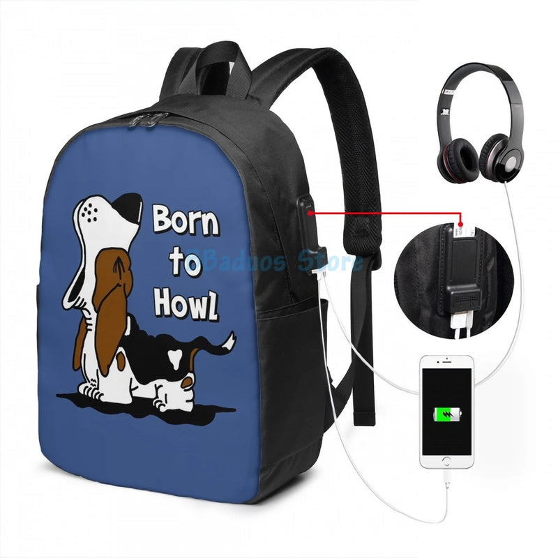 Born to Howl Basset Hound USB Charge Backpack School Travel Laptop Bag