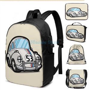 Funny Racing Herbie USB Charge Backpack School Travel Laptop Bag