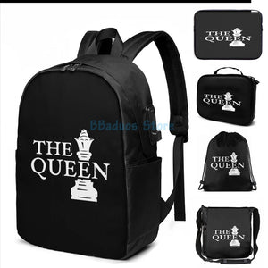 Funny Chess Queen USB Charge Backpack School Travel Laptop Bag