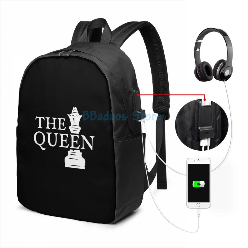 Funny Chess Queen USB Charge Backpack School Travel Laptop Bag