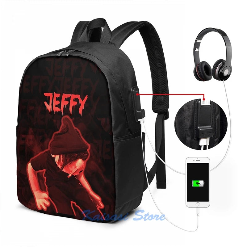 Funny Graphic Dark Jeffy USB Charge Backpack - Travel Laptop Bag