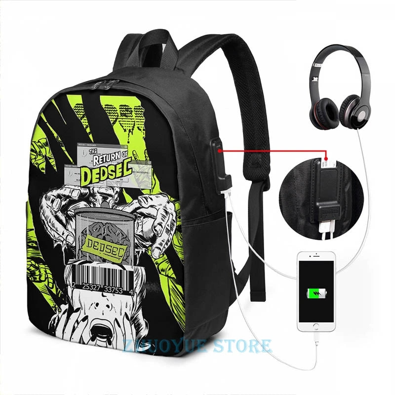 Dedsec Shirt USB Charge Backpack School Travel Laptop Bag
