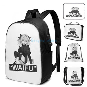 Funny Graphic print Astolfo Waifu USB Charge Backpack School Travel bag