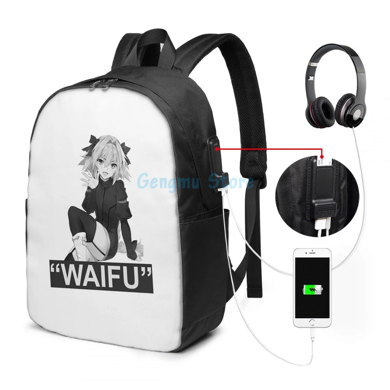 Funny Graphic print Astolfo Waifu USB Charge Backpack School Travel bag
