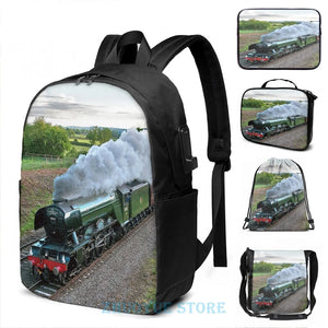 Flying Scotsman USB Charge Backpack School Travel Laptop Bag