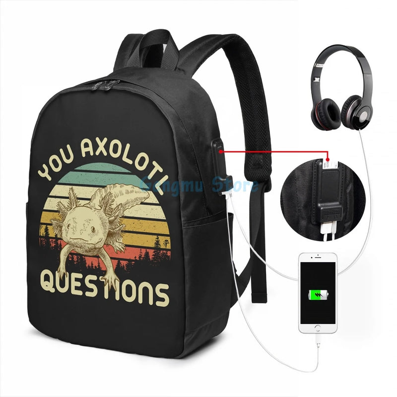 Funny Axolotl USB Charge Backpack Men Women School Travel Laptop Bag