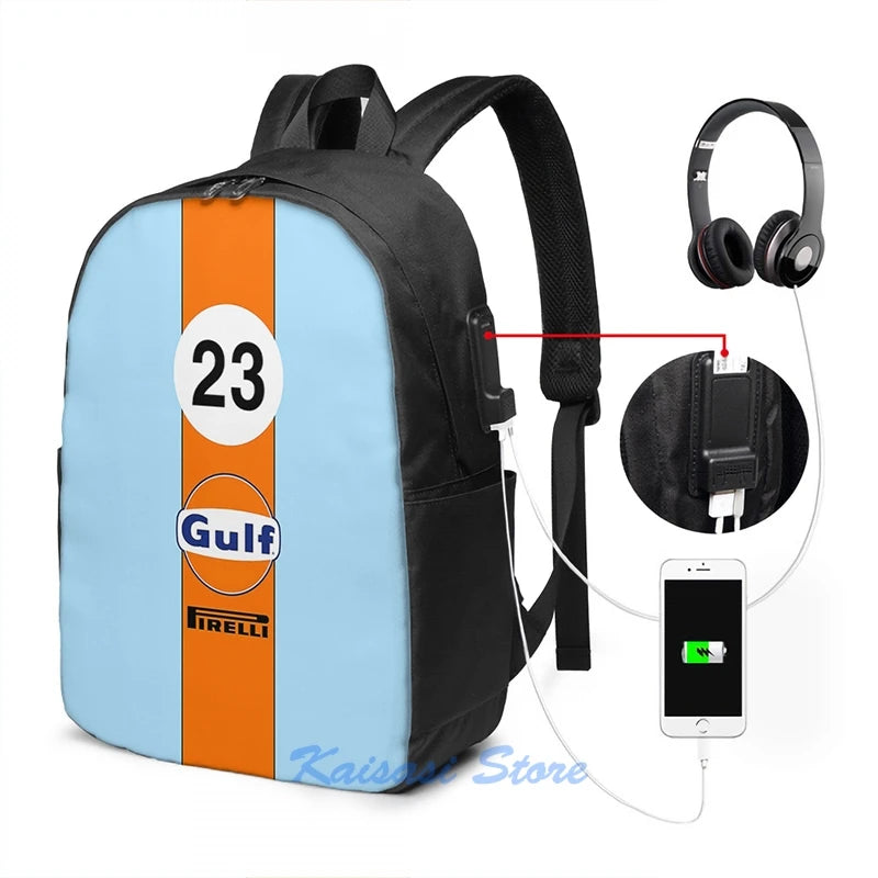 Gulf Oil Racing Colours USB Charge Backpack Men School Bags Women Bag Travel Lap