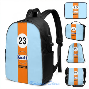 Gulf Oil Racing Colours USB Charge Backpack Men School Bags Women Bag Travel Lap