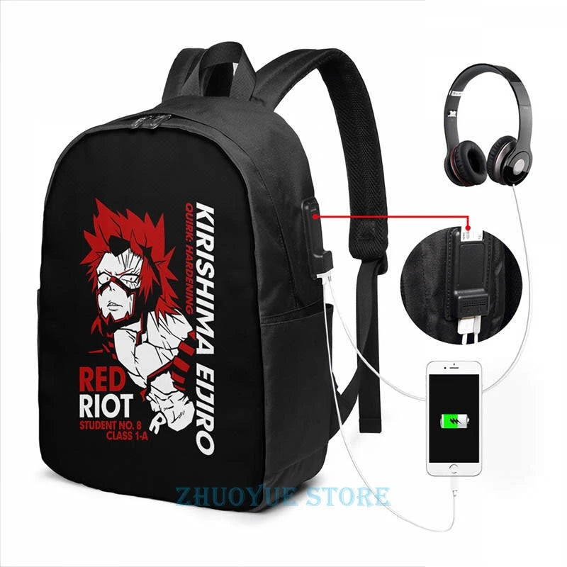 Funny Kirishima Eijiro USB Charge Backpack School Travel Laptop Bag