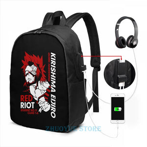 Funny Kirishima Eijiro USB Charge Backpack School Travel Laptop Bag
