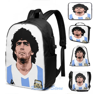 Maradona Graphic Print USB Charge Backpack - School Travel Laptop Bag