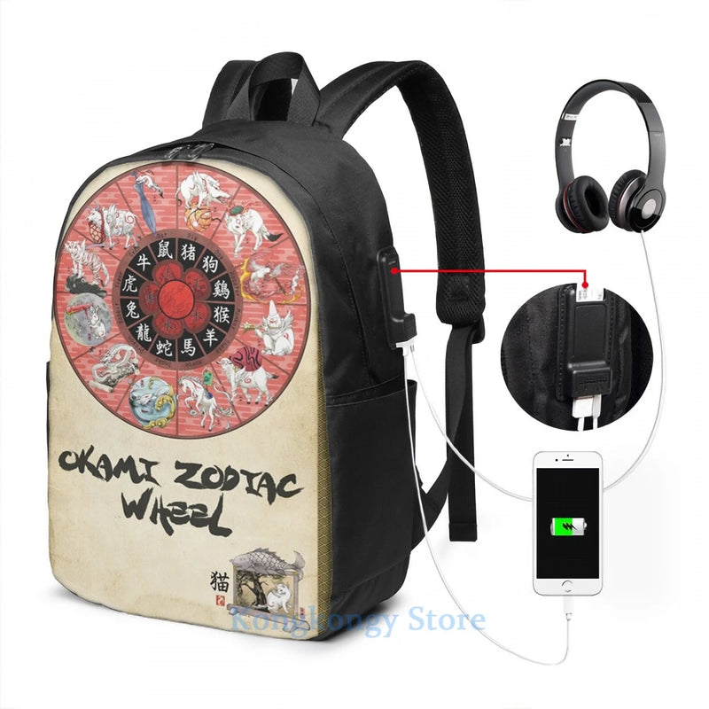 Funny Graphic Okami Zodiac Wheel USB Charge Backpack