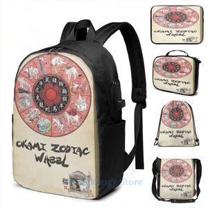 Funny Graphic Okami Zodiac Wheel USB Charge Backpack