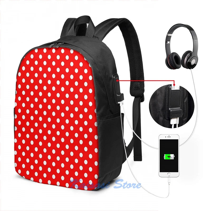 Polka Dot On Red USB Charge Backpack Men Women Travel Laptop Bag
