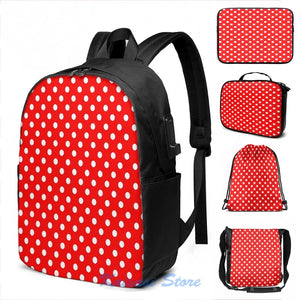 Polka Dot On Red USB Charge Backpack Men Women Travel Laptop Bag