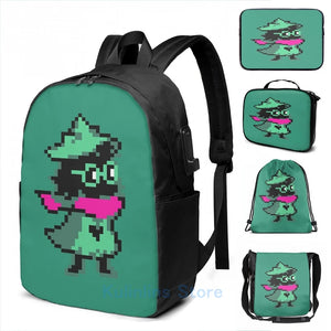 Funny Graphic Print Ralsei USB Charge Backpack School Travel Laptop Bag
